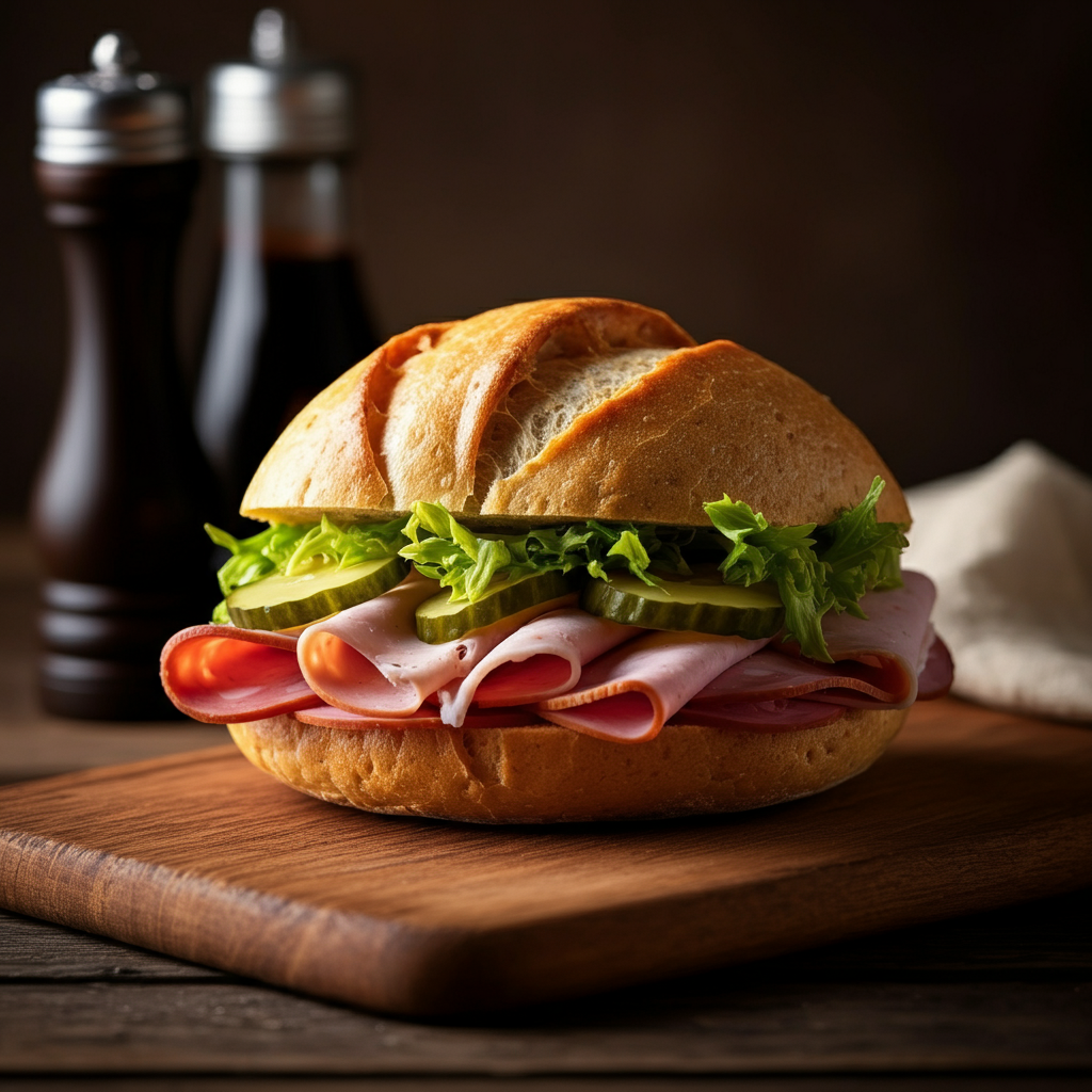 A type of sandwich on a hard-dough bread roll, filled with various meats.