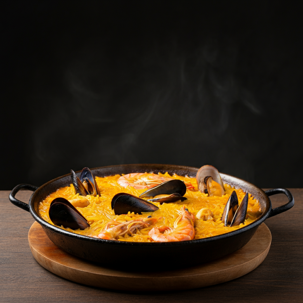 A paella-like dish using thin noodles instead of rice, common in coastal regions and also present in Andorra.