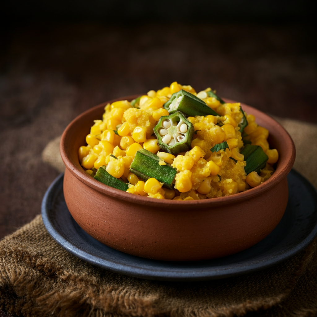 A savory side dish made with cornmeal, okra, and seasonings, often served alongside other dishes.