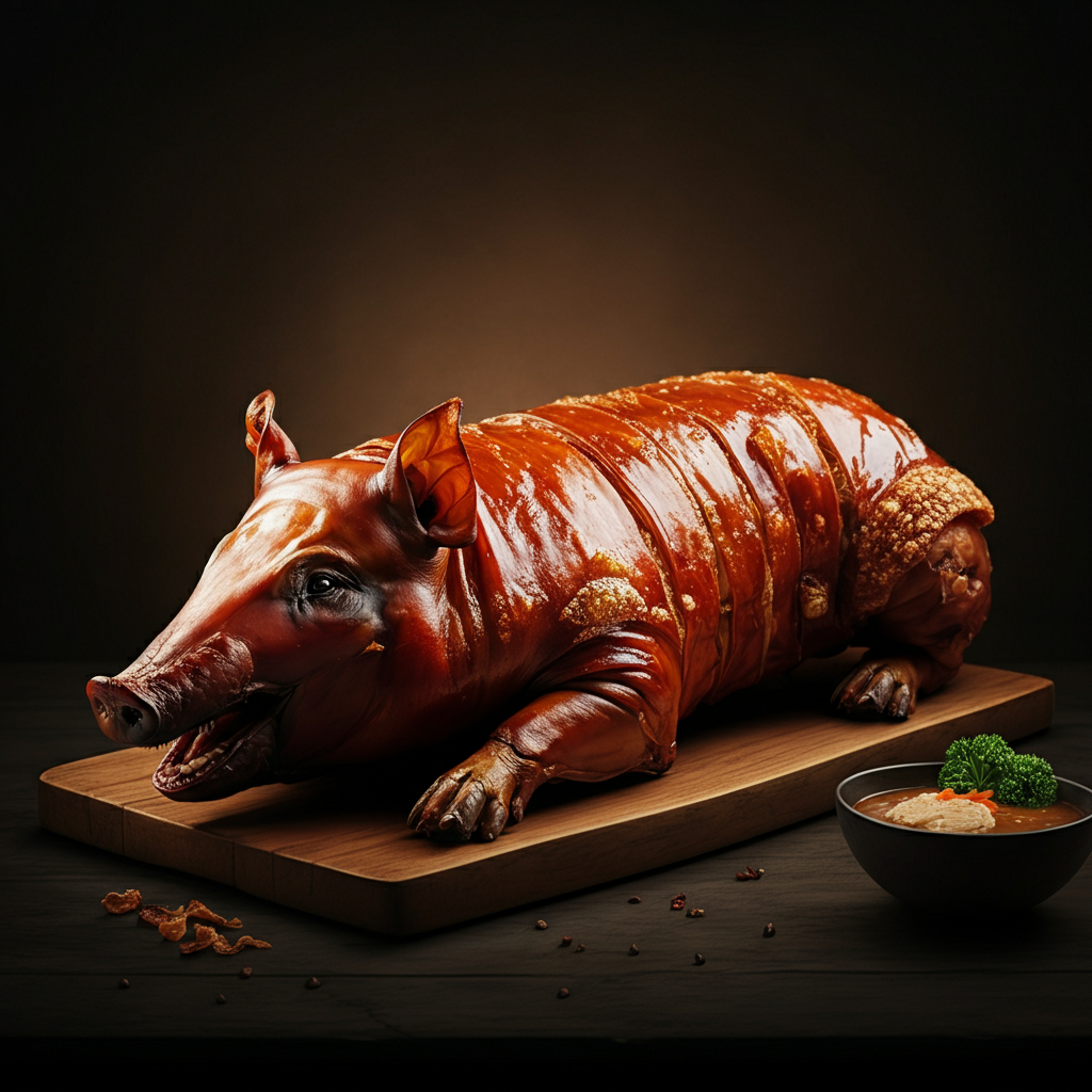 A whole roasted pig with crispy skin, considered a celebratory dish.