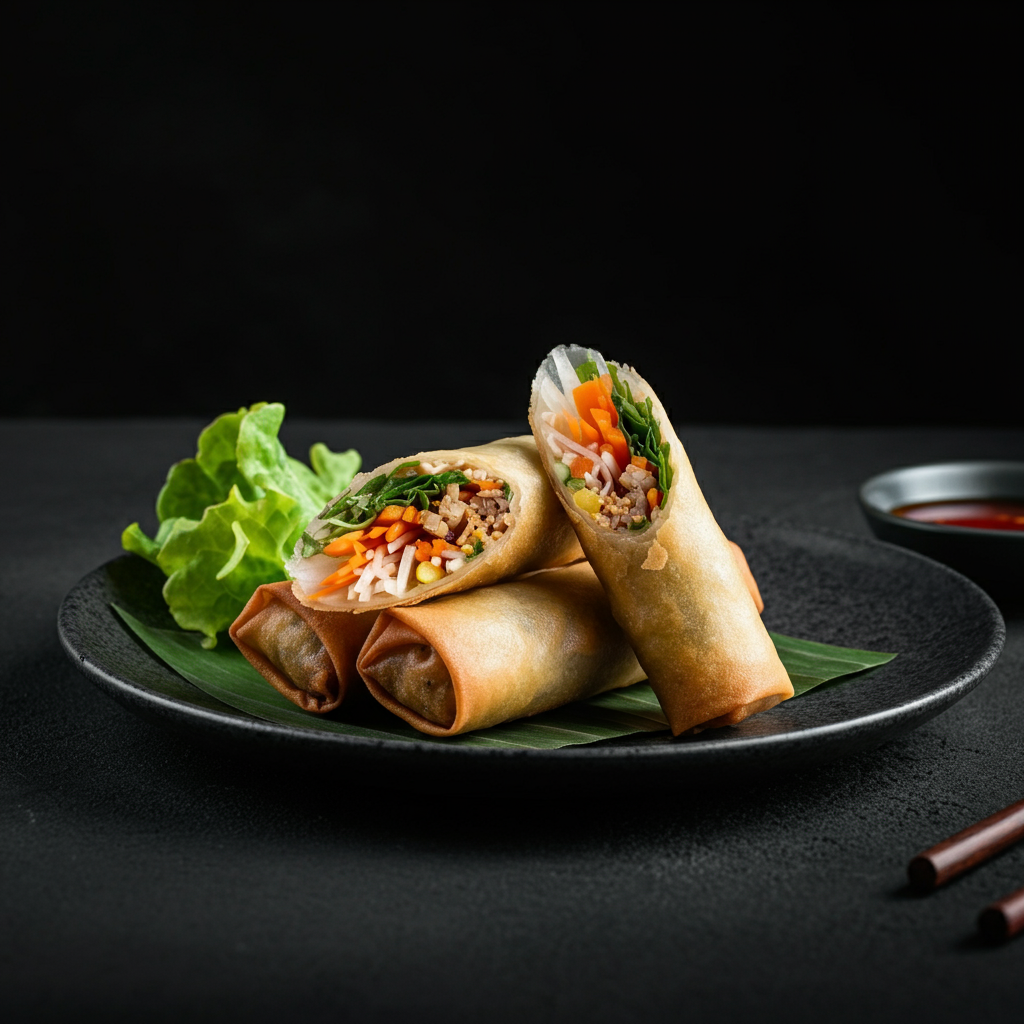 Spring rolls, either fresh or fried, often filled with vegetables and meat.