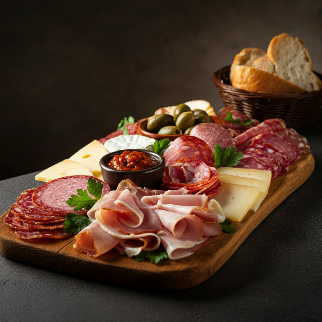 A platter of various cold cuts, cheeses, and other snacks, often served as an appetizer.
