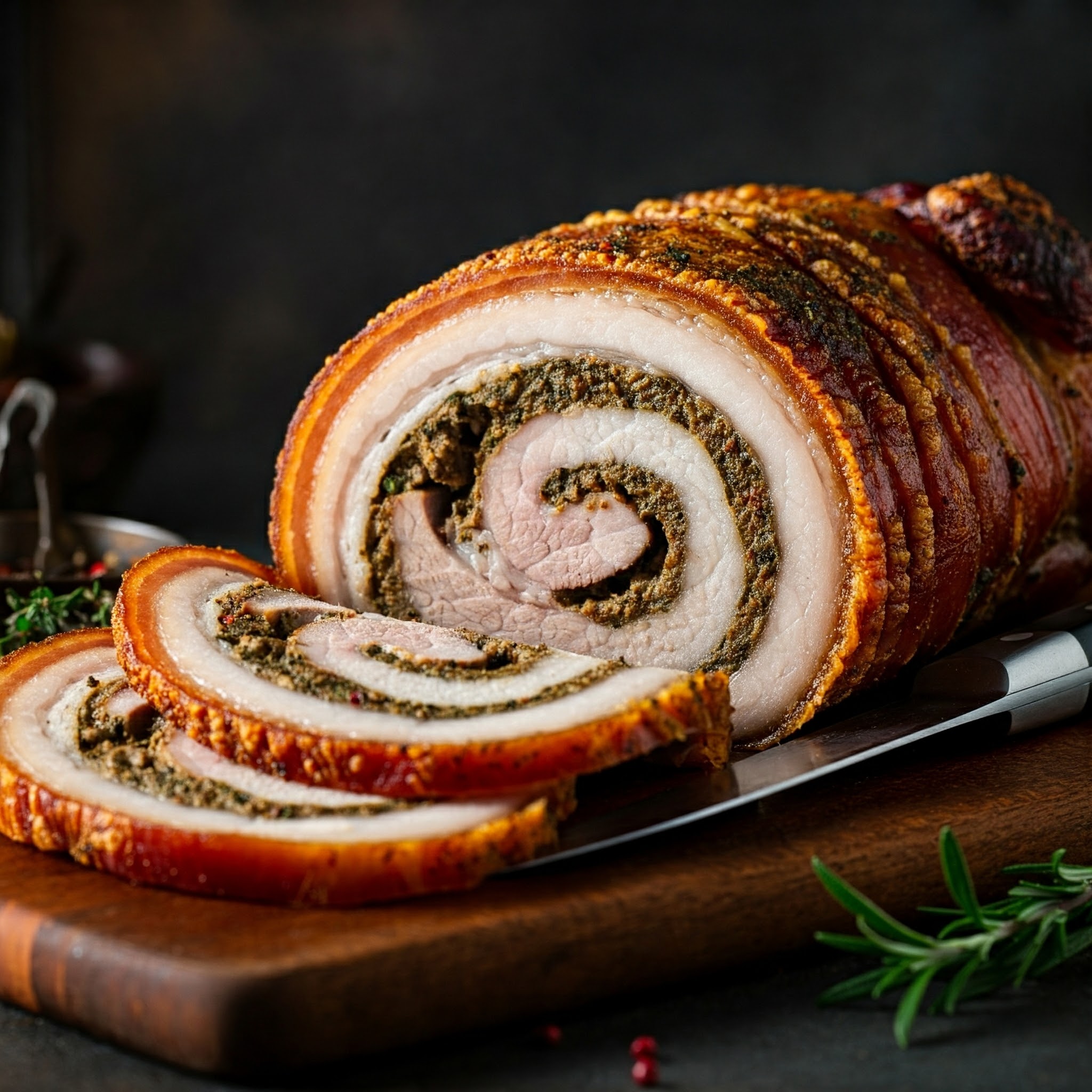 Sliced Porchetta showing spiraled layers of meat and herbs with crispy skin