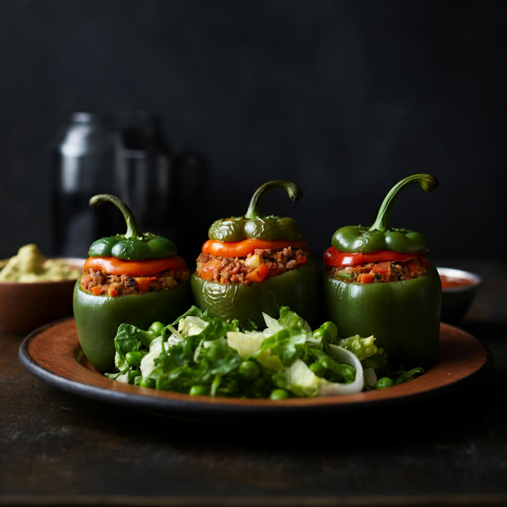 Stuffed rocoto peppers with minced meat, vegetables, and cheese.