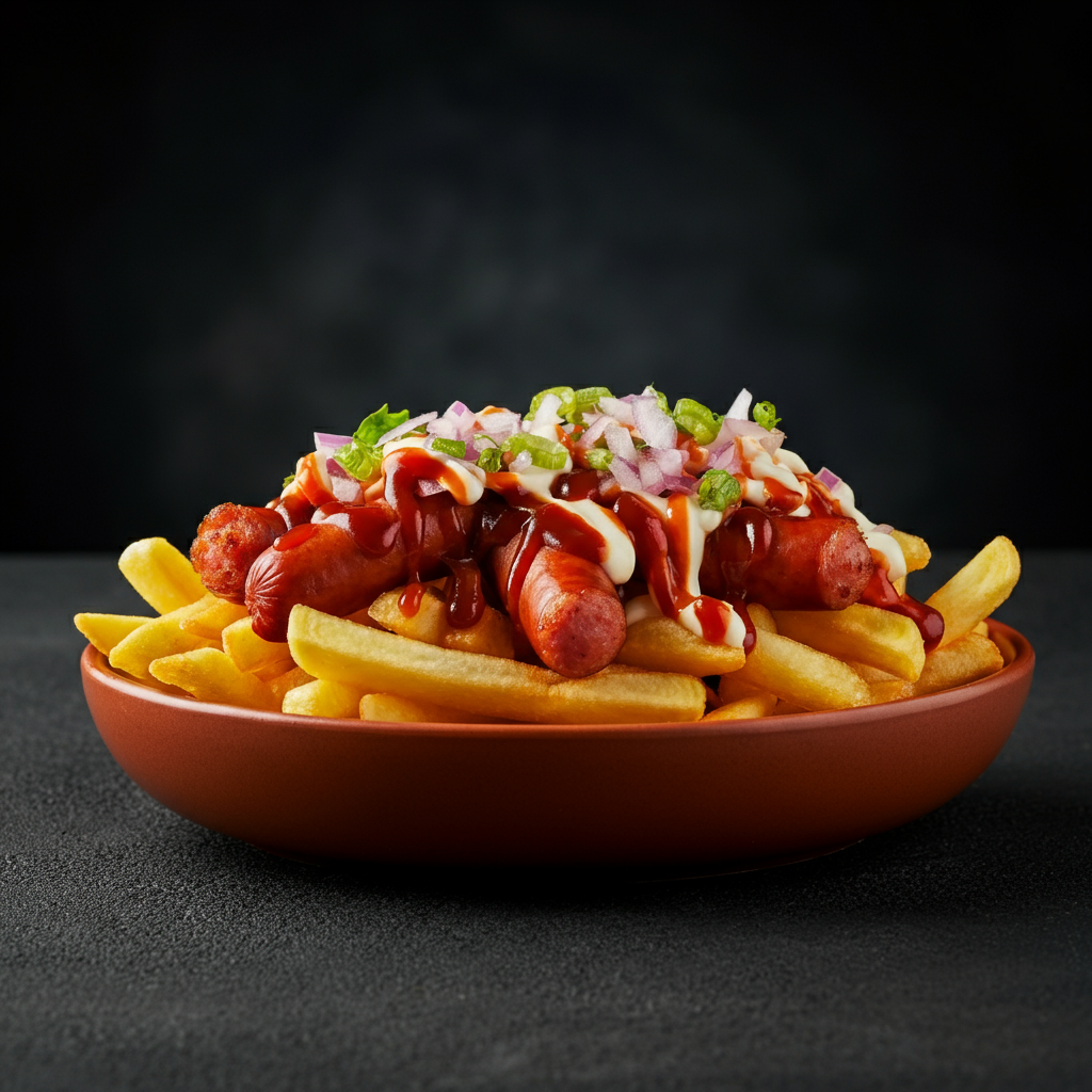 French fries with sausages and various sauces.
