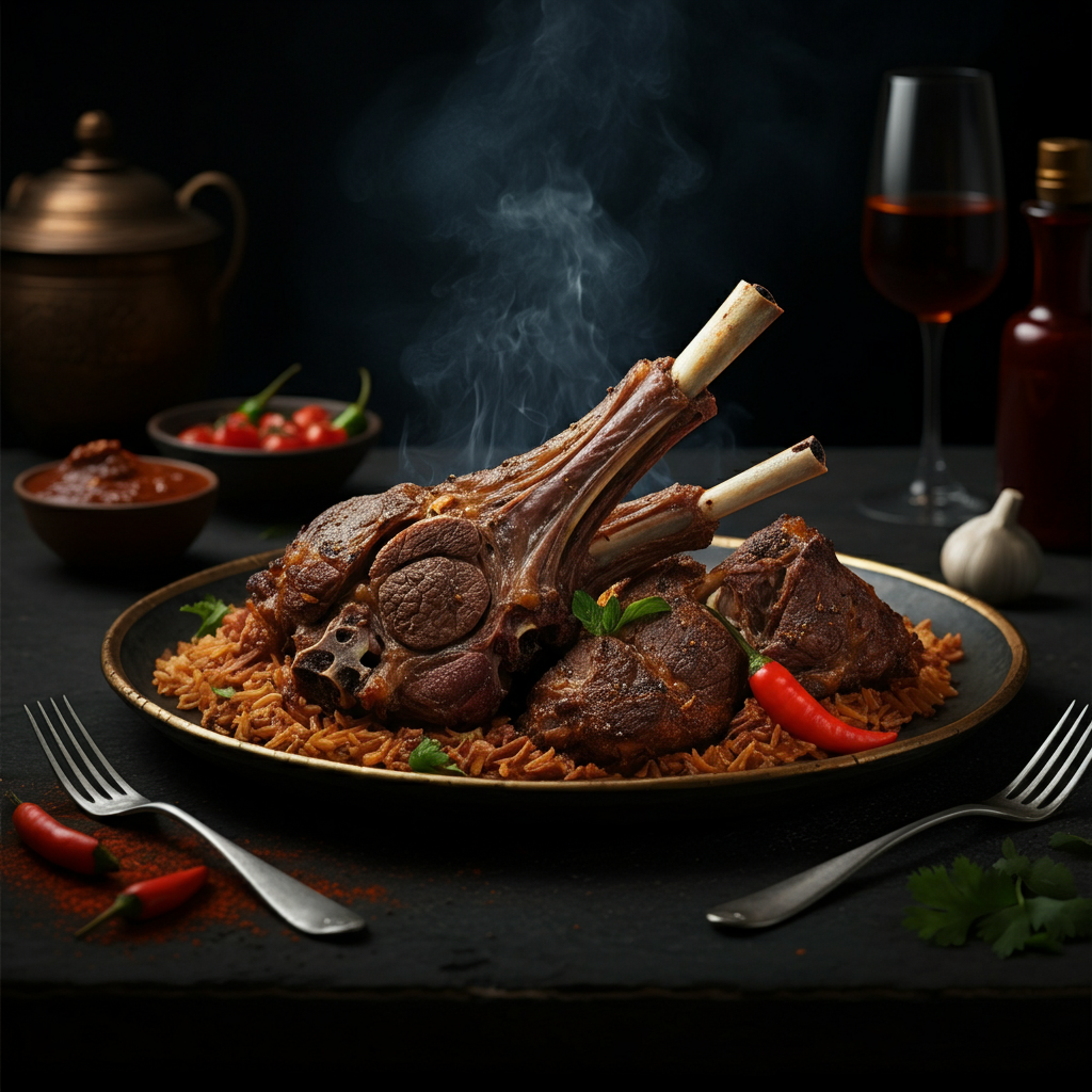 (Note: this appears twice as it is a key dish. ) Slow-cooked meat (usually lamb or goat) traditionally cooked underground in a pit oven. A national favorite known for its tender meat and smoky flavor.