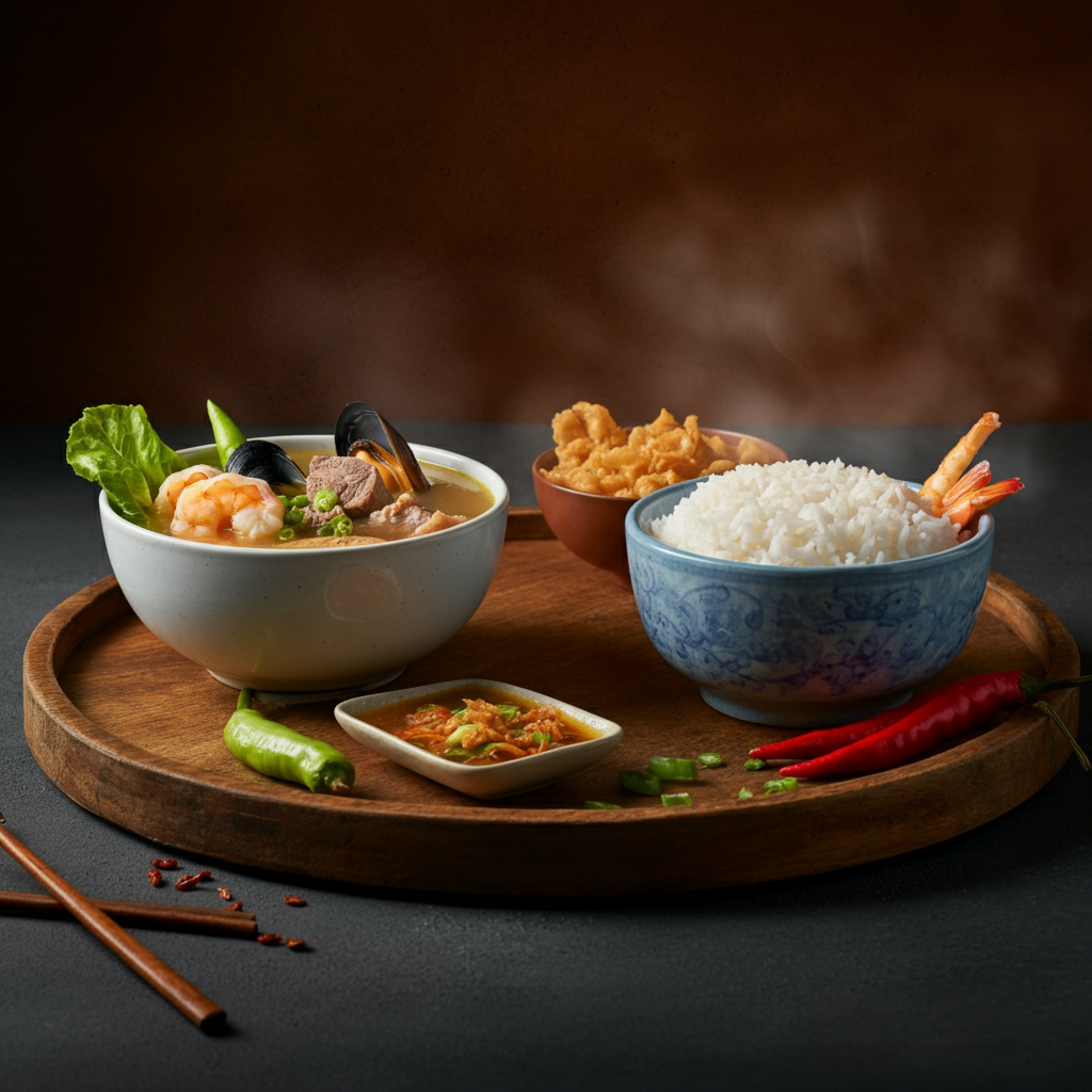 A sour and savory soup, often made with tamarind broth, and featuring meat (pork, beef, seafood) and vegetables.