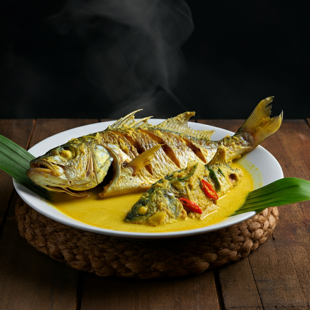 A type of fish cooked in a coconut milk-based gravy. The specific type of fish varies.