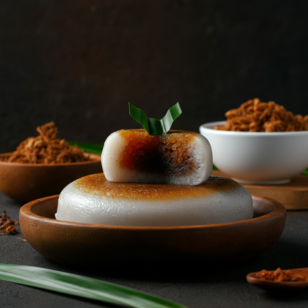 A glutinous rice cake cooked in palm sugar.